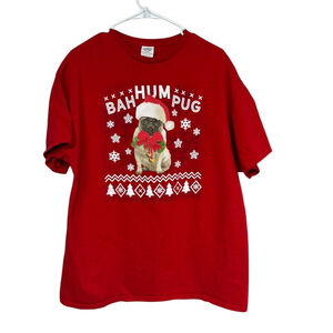 Men's Tee Short Sleeve XL Red Christmas Pug, "Bah Hum Pug"